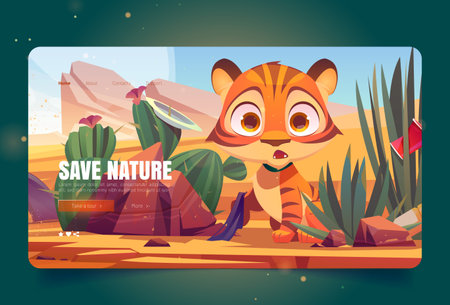 Save nature banner with scared tiger in polluted desert with trash. Vector landing page of environment pollution with cartoon illustration of sand desert with cactuses, stones, garbage and cute tigerのイラスト素材