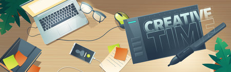 Creative time poster with top view of designer workspace with graphic tablet, laptop and smartphone. Vector horizontal banner with cartoon flat lay of creative artist workplace on wooden tableのイラスト素材