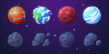 Earth, alien planets and asteroids in outer space with stars. Vector cartoon set of stone meteorites with craters and unusual planets with water, cracks and cloudsのイラスト素材