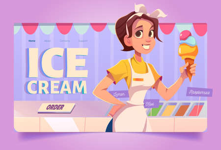 Ice cream banner with girl seller in cafe with fridge. Vector landing page of gelateria with different gelato in refrigerator. Cartoon illustration of woman with fruit sundae in waffle coneのイラスト素材