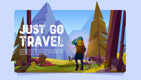 Just go travel cartoon banner. Traveler at forest look far on mountains peaks. Summer journey, extreme adventure. Tourist with backpack stand at rocky landscape look on distance, Vector illustrationのイラスト素材