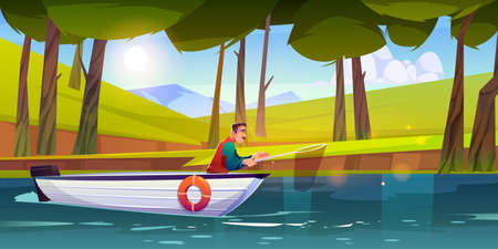 Man fishing in forest lake with scoop net. Vector cartoon illustration of fisherman in white boat floating on water. Summer landscape of woods with trees, green grass, pond and mountains on horizonのイラスト素材