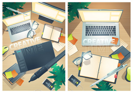 Creative time posters with top view of designer workspace. Vector flyers with cartoon flat lay of creative artist workplace with laptop, graphic tablet, notebook and mobile phoneのイラスト素材