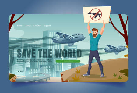 Save world banner with eco activist with gun forbidden sign on poster. Vector landing page of environment care with cartoon illustration of man protests against war and planes with dirty smokeのイラスト素材