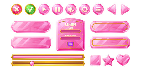 Pink diamond buttons for user interface design in game, video player or website. Vector cartoon set of crystal ui elements in golden frame, check and cross marks, shaped buttons and login frameのイラスト素材