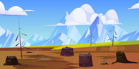 Deforestation, nature disaster, chopping forest concept. Tree stumps and bare trunks on deserted area with mountains view. Save nature, environment protection, Earth day, cartoon vector illustrationのイラスト素材