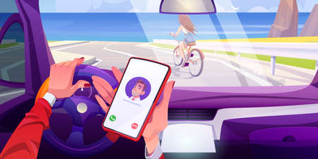 Driver hands holding mobile phone in car while steering automobile along highway with girl riding on bicycle front of vehicle windshield. Danger on road, accident concept, Cartoon vector illustrationのイラスト素材