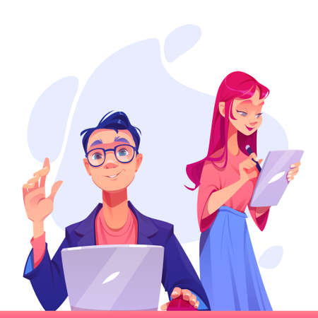Programmer and graphic designer characters create website. Man with laptop and woman with tablet develop web content or user interface. Software or app design and programming, Cartoon vector conceptのイラスト素材