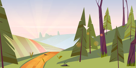 Summer landscape with green fields, hills and coniferous forest at morning. Vector cartoon illustration of dawn in countryside with farm lands, pine trees, road and sunbeams in skyのイラスト素材