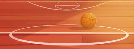Basketball ball lying on wooden school gymnasium floor with white markup. Court interior, sports arena or hall for team games, indoor stadium illuminated with sunlight, cartoon vector illustrationのイラスト素材