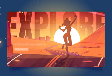 Explore cartoon landing page, happy woman enjoy travel, posing girl silhouette on sunset scenery background with highway going into dusk sun. Tourist or traveler adventure, journey, vector web bannerのイラスト素材