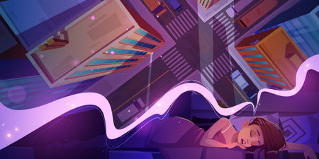Young woman sleeping on bed seeing dream night city top view. Girl sleep in dark night room, dormant female character lying under blanket nap at home bedroom, relaxation, Cartoon vector illustrationのイラスト素材