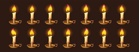 Cartoon burning candles in candlestick motion sequence animation, sprite movement, glowing lights with melted wax. Ui or gui design elements for computer game, isolated vector illustration, icons setのイラスト素材