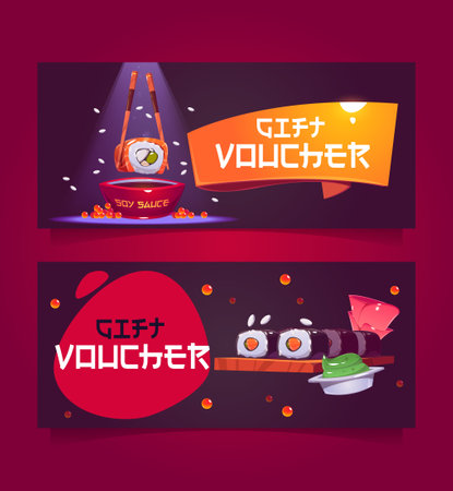 Gift voucher template with sushi illustration. Vector coupon for japanese restaurant with cartoon traditional asian food, rice rolls with fish, soy sauce and ginger. Promotion flyers with presentのイラスト素材