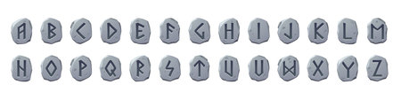 Viking runes alphabet, celtic font with ancient runic signs on grey stone pieces. Abc nordic style scandinavian letters, futark type symbols, game or ui graphic design elements, Cartoon vector setのイラスト素材