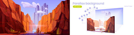 Parallax background Grand Canyon with river, national park of Arizona, red sandstone mountains, horizon with sand rocks and sky, nature landscape separated on layers for game, Cartoon 2d vector sceneのイラスト素材