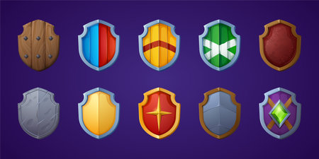 Set of game shields, cartoon fantasy medieval armor of metal and wood. Knight ammo, iron or wooden guard collection, ui design elements, military screens front view isolated vector icons, clipartのイラスト素材