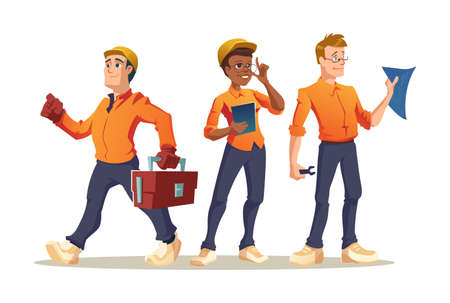 Construction workers builder, engineer or foreman characters with tools and blueprint. Architect with house plan, professional architecture building constructors in helmets Cartoon vector illustrationのイラスト素材
