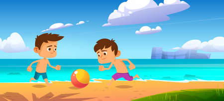 Kids playing ball at summer beach, boys play at sea shore, outdoor fun, family vacation and holidays leisure on ocean coastline, friends or brothers games and recreation, Cartoon vector illustrationのイラスト素材