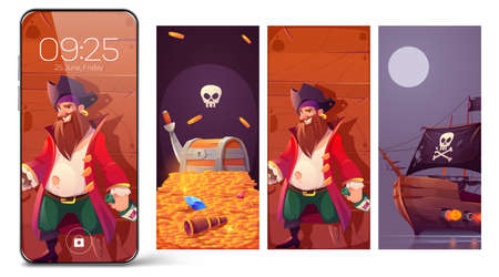 Pirate theme for smartphone screensaver with captain, treasure chest on pile of gold coins and wooden ship with black sails and flag. Vector cartoon illustrations for mobile phone screenのイラスト素材