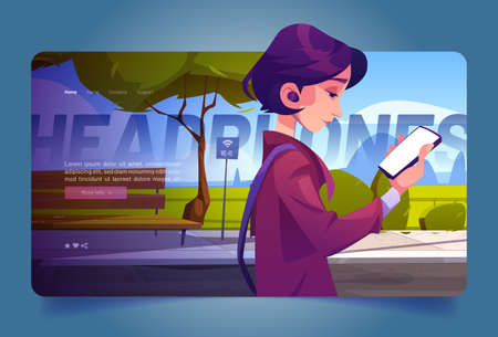 Woman with phone walking in park landing page, young girl using smartphone, listen music with headphones and reading messages with wifi internet connection, gadget networking Cartoon vector web bannerのイラスト素材