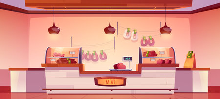 Meat shop, butchery store interior with farm production on showcase, cashier desk and scales. Fresh sausages hang on wall, farmer meaty products, food in supermarket stall, Cartoon vector illustrationのイラスト素材