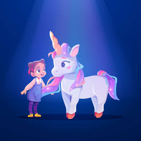 Unicorn and little girl cartoon characters, child and cute white pony or horse with horn and rainbow mane. Sweet dream, baby imagination, fantasy animal and kid meet at light beam, Vector illustrationのイラスト素材