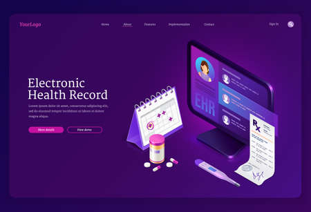 Ehr, electronic health record isometric landing page. Innovative medicine technology, electronically stored information database, pc with patient profile and pills, telehealth, 3d vector web bannerのイラスト素材