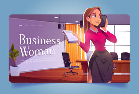 Business woman work in office cartoon landing page, businesswoman career, secretary or lady boss with smartphone and notepad in hands working in cabinet with desk and chairs, vector web bannerのイラスト素材