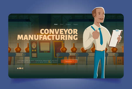 Conveyor manufacturing banner with automatic belt at factory and worker with clipboard. Vector landing page of mass production line with cartoon illustration of man and bottles on conveyor beltのイラスト素材