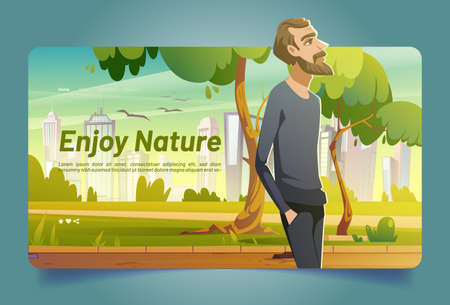 Enjoy nature banner with man walking in city park with green trees and grass. Vector landing page with cartoon illustration of character with beard walks in public garden with town on skylineのイラスト素材