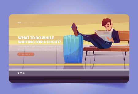 Waiting flight banner with man in suit sitting on bench and read newspaper in airport terminal. Vector landing page with cartoon businessman with luggage waits planeのイラスト素材