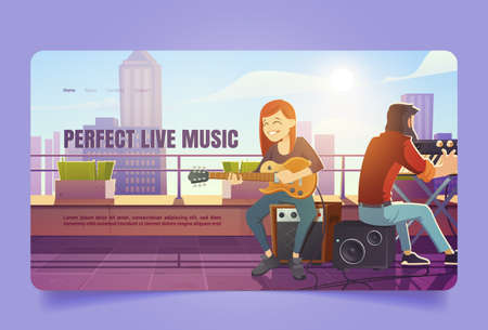 Perfect live music cartoon landing page. Singer woman playing guitar on building roof. Girl artist sit on dynamics singing song, man playing synthesizer accompany musical performance Vector web bannerのイラスト素材