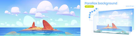 Sea landscape with small sand island with stones in water. Parallax background with layers for 2d animation. Vector cartoon illustration of seascape with rocks and clouds in skyのイラスト素材