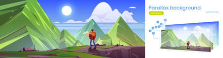 Summer landscape with mountains and hiker man on stone ledge. Background with layers for parallax scrolling effect. Vector cartoon illustration of rocks and high peaks and tourist with backpackのイラスト素材