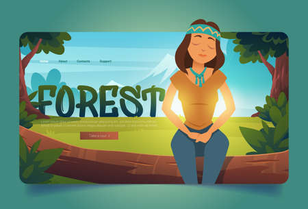 Forest cartoon landing page, woman enjoying nature, relaxed hippie girl sitting on tree log with closed eyes on beautiful mountain landscape background. Summertime wood recreation, Vector web bannerのイラスト素材