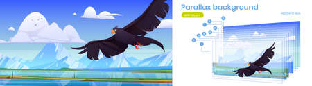 Parallax background black eagle, falcon or hawk flying with outspread wings over mountain lake 2d landscape with separated layers for game, beautiful wild bird in nature, Cartoon vector illustrationのイラスト素材