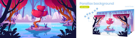 Fantasy tree with hearts shape crown in forest pond. Vector parallax background for 2d game with...