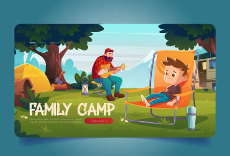 Family camp banner. Campsite with tent, van, man with guitar and boy in chair. Vector landing page with cartoon landscape with mountains, green trees, grass and tourists. Father and child on picnicのイラスト素材