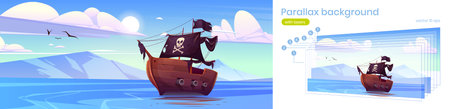 Parallax background for game, pirate ship in sea, filibusters battleship with black sails, flag and jolly roger floating on ocean water surface with mountains and blue sky, Cartoon vector illustrationのイラスト素材