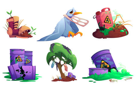 Nature pollution, environment contamination with toxic wastes and plastic. Sprouts grow in old boot, trash hang on tree, unhappy bird stuck in garbage, barrels with poisonous liquid Cartoon vector setのイラスト素材
