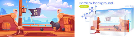 Parallax game background pirate ship deck onboard view, 2d adventure scene, wooden brigantine boat...
