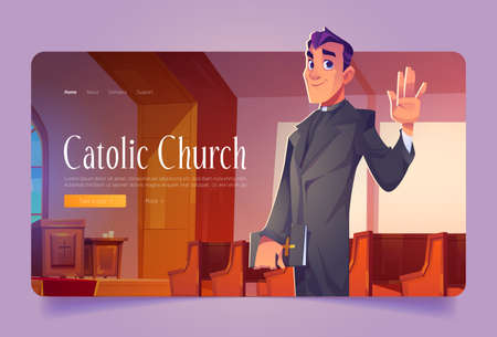 Catholic church banner with pastor holding holy bible. Vector landing page with cartoon cathedral interior with altar, wooden benches and man priest in black robeのイラスト素材