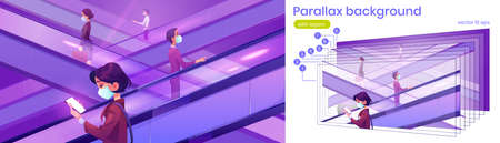 Parallax 2d background people in medical masks on escalators in mall. Moving staircase carrying men and women up and down during covid 19 pandemic vector scene, separated cartoon layers for gameのイラスト素材