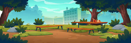 City park with wooden picnic table and benches, green trees, grass with flowers and town buildings on skyline. Vector cartoon summer landscape of empty public garden with food and drink on tableのイラスト素材