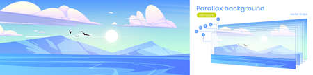 Northern landscape with sea and mountains on horizon. Vector parallax background with layers for animation with cartoon illustration of lake with blue water, white rocks, flying birds and sun in skyのイラスト素材