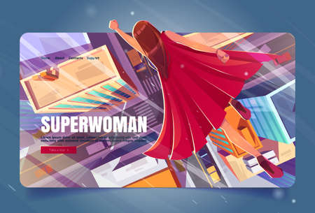Superwoman cartoon landing page, super hero girl in red cape flying with raised hand in sky above modern city. Powerful female character ready for feat, comic personage flight, Vector web bannerのイラスト素材