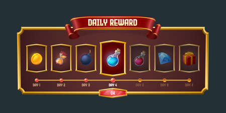 Daily game reward graphic user interface, menu panel for rpg. Screen gui design with level assets in glossy golden frames. Gold coin, hourglass, bomb, magic potion, gem stone, gift box vector treasureのイラスト素材