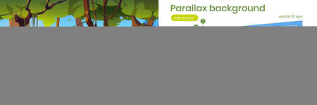 Summer forest with glade, stones, trees and beach of lake or sea. Vector parallax background with layers with cartoon jungle landscape with river, rocks, green trees and grassのイラスト素材