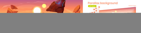 Parallax background alien planet 2d landscape in space, fantasy cosmic land with rocks, blue crystals, two suns on sky. Martian extraterrestrial computer game backdrop, cartoon separated vector layersのイラスト素材